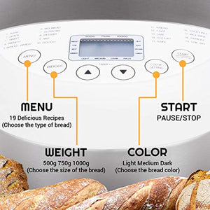 Sybo BM8501 Stainless Steel Bread Machine, 2.2 LB 19-in-1 Programmable XL Bread Maker Nonstick Pan & Digital Touch Panel, 3 Loaf Sizes 3 Crust Colors, Reserve & Keep Warm Set